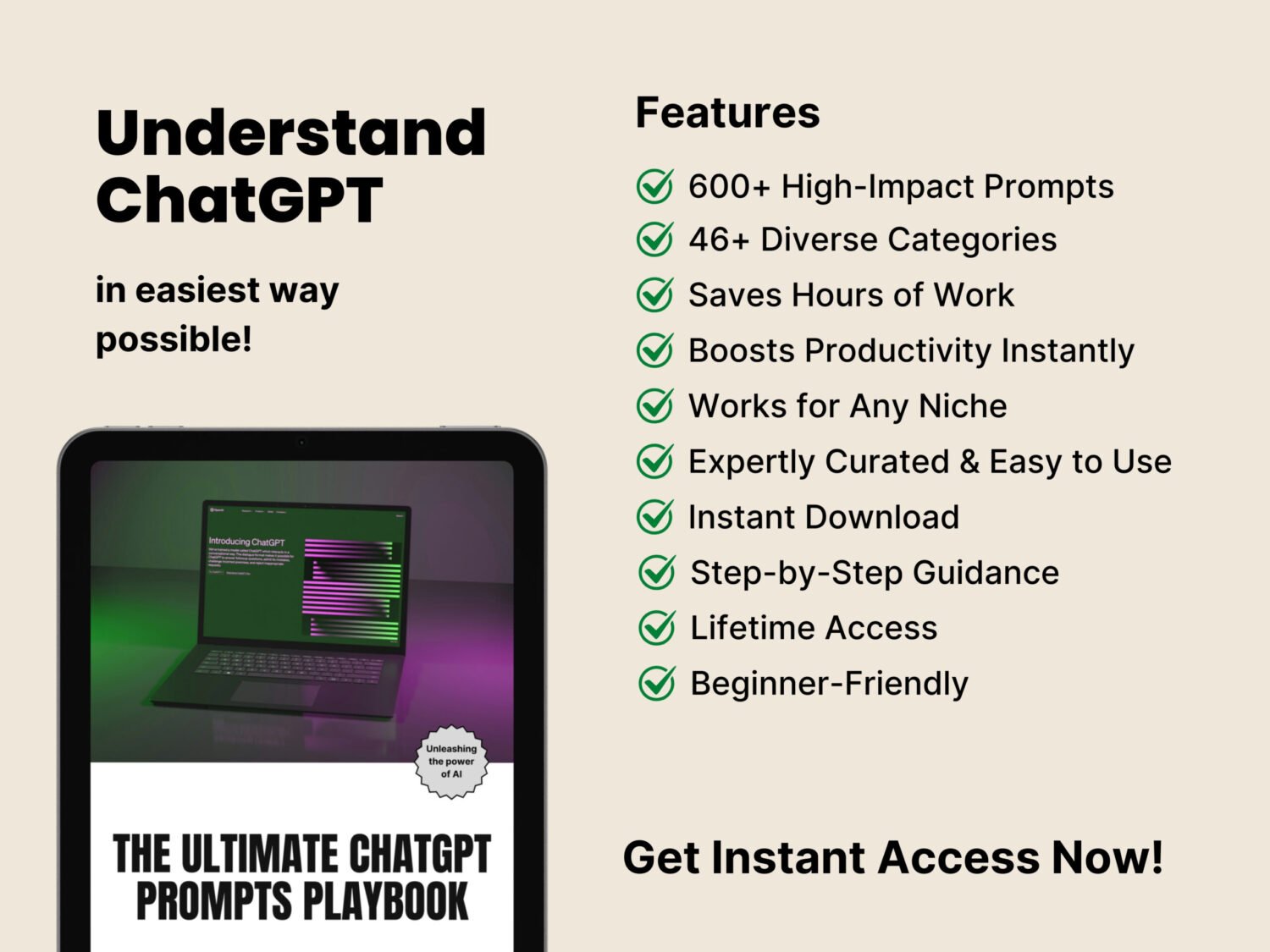 Features of The Ultimate ChatGPT Prompts Playbook - 600+ ready-to-use AI prompts for business, content creation, and marketing.