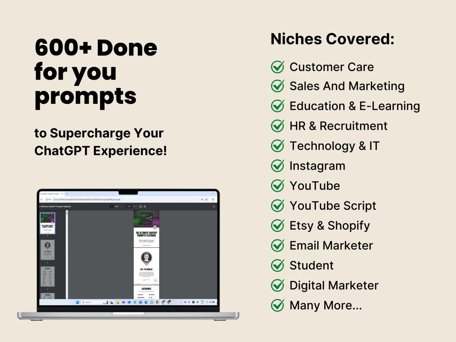 ChatGPT Prompts Playbook covers niches like marketing, sales, YouTube, email, recruitment, and more.